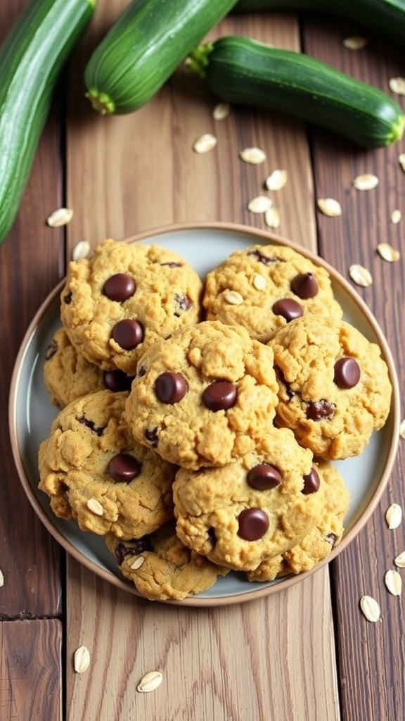 A plate of oatmeal zucchini cookies with chocolate chips on a rustic wooden table.